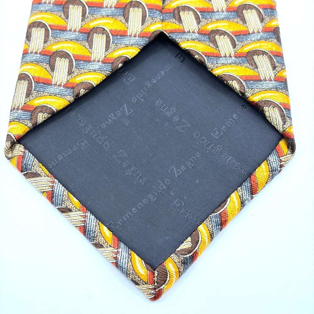 Ermenegildo Zegna Silk Tie Mens Yellow Brown Geometric Abstract Made in Italy - Picture 4 of 8